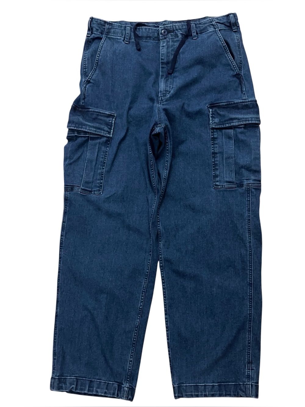 Uniqlo Denim Cargo Pants Mens M Wide Leg Baggy Drawstring Ankle String Blue
